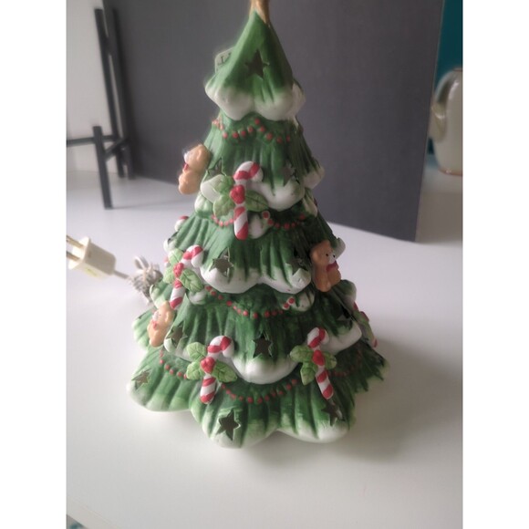 Lighted Ceramic Christmas Tree Bears Candy Canes Stars Snow 9" - Picture 1 of 5